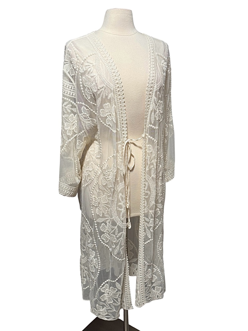 Zaful Full Length Open Tie Front Embroidered Cream Kimono Cover Up Small NWT